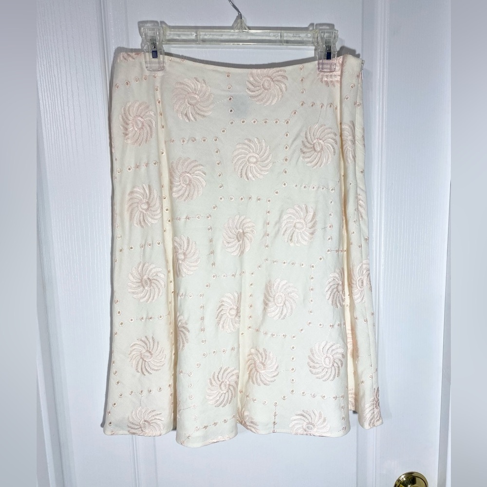 Vintage LINEN Embroidered Floral Eyelet Skirt Alexandra Bartlett White Pink 10